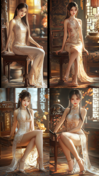 中国古典美女，全身像，长发浅色旗袍高跟鞋，甜美笑，居中构图，室内古风环境，长焦镜头，暖光，高饱和色彩，优雅，8k画质。