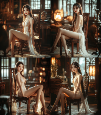 中国古典美女，全身像，长发浅色旗袍高跟鞋，甜美笑，居中构图，室内古风环境，长焦镜头，暖光，高饱和色彩，优雅，8k画质。