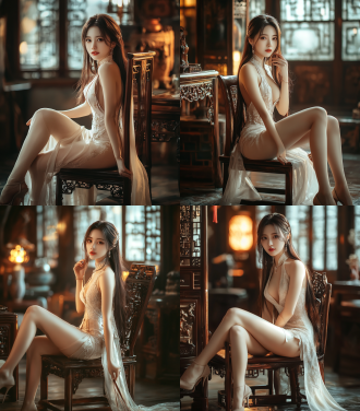 中国古典美女，全身像，长发浅色旗袍高跟鞋，甜美笑，居中构图，室内古风环境，长焦镜头，暖光，高饱和色彩，优雅，8k画质。