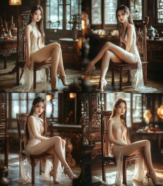 中国古典美女，全身像，长发浅色旗袍高跟鞋，甜美笑，居中构图，室内古风环境，长焦镜头，暖光，高饱和色彩，优雅，8k画质。