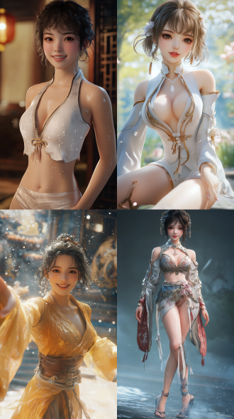 beautiful eastern girl, her smile radiates confidence and elegance, wearing silk clothing that is as smooth as milk, with long legs, healthy fingers, graceful movements, clear details, in a wuxia cg style, with curly short hair, droplets that soothe her face and skin, featuring excellent physical effects and rich details, in cool tones, poetic, with mist and dazzling colors, a fantasy background, 8k quality, a masterful photographic work.