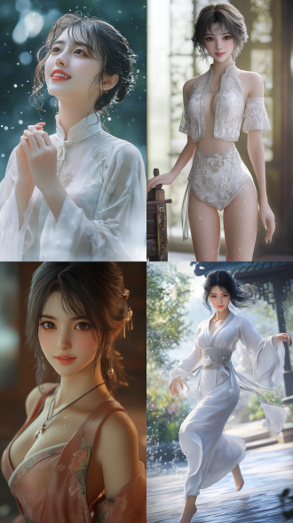 beautiful eastern girl, her smile radiates confidence and elegance, wearing silk clothing that is as smooth as milk, with long legs, healthy fingers, graceful movements, clear details, in a wuxia cg style, with curly short hair, droplets that soothe her face and skin, featuring excellent physical effects and rich details, in cool tones, poetic, with mist and dazzling colors, a fantasy background, 8k quality, a masterful photographic work.