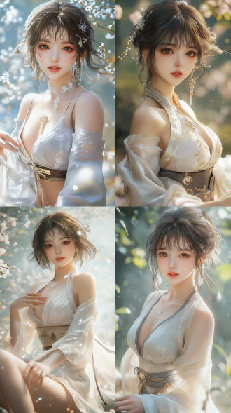 beautiful eastern girl, her smile radiates confidence and elegance, wearing silk clothing that is as smooth as milk, with long legs, healthy fingers, graceful movements, clear details, in a wuxia cg style, with curly short hair, droplets that soothe her face and skin, featuring excellent physical effects and rich details, in cool tones, poetic, with mist and dazzling colors, a fantasy background, 8k quality, a masterful photographic work.