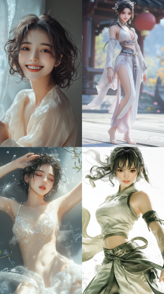 beautiful eastern girl, her smile radiates confidence and elegance, wearing silk clothing that is as smooth as milk, with long legs, healthy fingers, graceful movements, clear details, in a wuxia cg style, with curly short hair, droplets that soothe her face and skin, featuring excellent physical effects and rich details, in cool tones, poetic, with mist and dazzling colors, a fantasy background, 8k quality, a masterful photographic work.