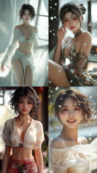 beautiful eastern girl, her smile radiates confidence and elegance, wearing silk clothing that is as smooth as milk, with long legs, healthy fingers, graceful movements, clear details, in a wuxia cg style, with curly short hair, droplets that soothe her face and skin, featuring excellent physical effects and rich details, in cool tones, poetic, with mist and dazzling colors, a fantasy background, 8k quality, a masterful photographic work.