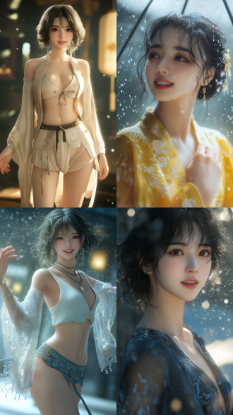 beautiful eastern girl, her smile radiates confidence and elegance, wearing silk clothing that is as smooth as milk, with long legs, healthy fingers, graceful movements, clear details, in a wuxia cg style, with curly short hair, droplets that soothe her face and skin, featuring excellent physical effects and rich details, in cool tones, poetic, with mist and dazzling colors, a fantasy background, 8k quality, a masterful photographic work.