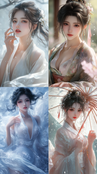 beautiful eastern girl, her smile radiates confidence and elegance, wearing silk clothing that is as smooth as milk, with long legs, healthy fingers, graceful movements, clear details, in a wuxia cg style, with curly short hair, droplets that soothe her face and skin, featuring excellent physical effects and rich details, in cool tones, poetic, with mist and dazzling colors, a fantasy background, 8k quality, a masterful photographic work.