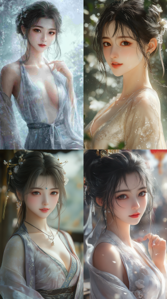 beautiful eastern girl, her smile radiates confidence and elegance, wearing silk clothing that is as smooth as milk, with long legs, healthy fingers, graceful movements, clear details, in a wuxia cg style, with curly short hair, droplets that soothe her face and skin, featuring excellent physical effects and rich details, in cool tones, poetic, with mist and dazzling colors, a fantasy background, 8k quality, a masterful photographic work.