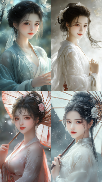 beautiful eastern girl, her smile radiates confidence and elegance, wearing silk clothing that is as smooth as milk, with long legs, healthy fingers, graceful movements, clear details, in a wuxia cg style, with curly short hair, droplets that soothe her face and skin, featuring excellent physical effects and rich details, in cool tones, poetic, with mist and dazzling colors, a fantasy background, 8k quality, a masterful photographic work.