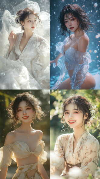 beautiful eastern girl, her smile radiates confidence and elegance, wearing silk clothing that is as smooth as milk, with long legs, healthy fingers, graceful movements, clear details, in a wuxia cg style, with curly short hair, droplets that soothe her face and skin, featuring excellent physical effects and rich details, in cool tones, poetic, with mist and dazzling colors, a fantasy background, 8k quality, a masterful photographic work.