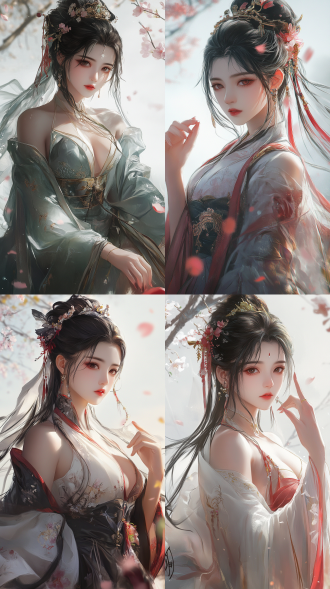 a wuxia theme picture shot from a low - angle (looking - up) and the camera is rotated 30 degrees to take the shot. the styles of tsuaii and soft anime illustration, official illustration, the styles of the artgerm. the character has extremely delicate makeup and stands grateful. exquisite stockings. hand and finger health. the overall picture is exquisitely beautiful.