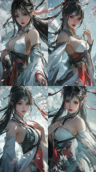 a wuxia theme picture shot from a low - angle (looking - up) and the camera is rotated 30 degrees to take the shot. the styles of tsuaii and soft anime illustration, official illustration, the styles of the artgerm. the character has extremely delicate makeup and stands grateful. exquisite stockings. hand and finger health. the overall picture is exquisitely beautiful.
