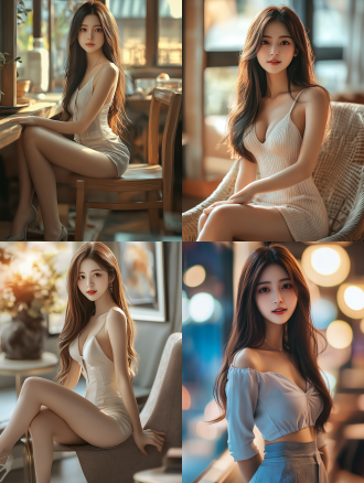 中国女孩美丽大方温柔，长发短裙高跟，迷人笑容，全身特写，室内暖光，超高画质8k，三分法构图，清新色调，优雅姿态。