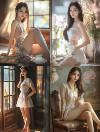 中国女孩美丽大方温柔，长发短裙高跟，迷人笑容，全身特写，室内暖光，超高画质8k，三分法构图，清新色调，优雅姿态。