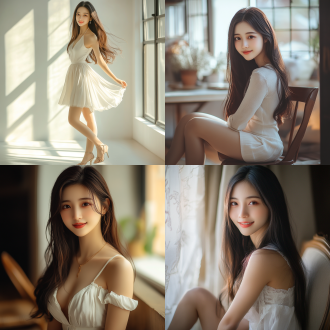 中国女孩美丽大方温柔，长发短裙高跟，迷人笑容，全身特写，室内暖光，超高画质8k，三分法构图，清新色调，优雅姿态。