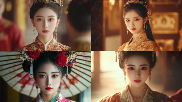 中国古代宫廷女孩，面容清秀衣着华丽，居中构图，宫殿内，长焦镜头，顶光，静态，华丽元素，复古色，端庄，8k画质。