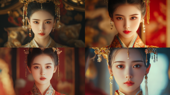 中国古代宫廷女孩，面容清秀衣着华丽，居中构图，宫殿内，长焦镜头，顶光，静态，华丽元素，复古色，端庄，8k画质。