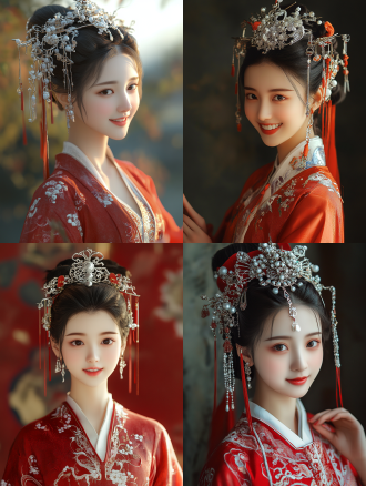 中国女孩，身着红色传统服装，银色头饰，全身照，细节丰富，光线柔和，身材高挑，皮肤白皙，面带微笑，手部细节正确，超高画质，8k分辨率
