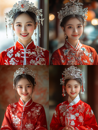 中国女孩着红色传统服装配银色头饰全身照，三分法构图，室内，长焦镜头，柔光，微笑，手部细节佳，白皙高挑，暖色调，超高画质8k。