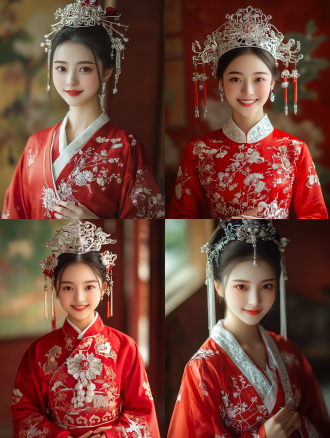 中国女孩着红色传统服装配银色头饰全身照，三分法构图，室内，长焦镜头，柔光，微笑，手部细节佳，白皙高挑，暖色调，超高画质8k。