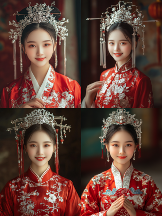 中国女孩着红色传统服装配银色头饰全身照，三分法构图，室内，长焦镜头，柔光，微笑，手部细节佳，白皙高挑，暖色调，超高画质8k。