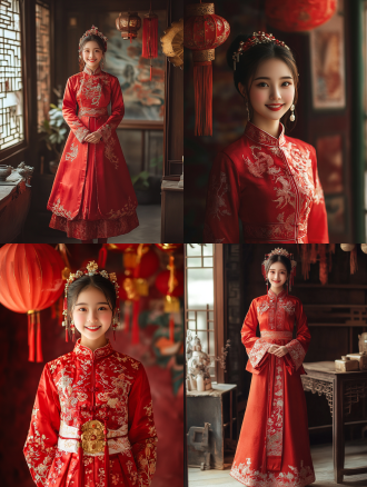 中国女孩穿红色传统服装全身照，三分法构图，室内，长焦镜头，柔和顶光，微笑站立，白皙皮肤，高画质8k，暖色调，优雅。