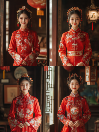中国女孩穿红色传统服装全身照，三分法构图，室内，长焦镜头，柔和顶光，微笑站立，白皙皮肤，高画质8k，暖色调，优雅。