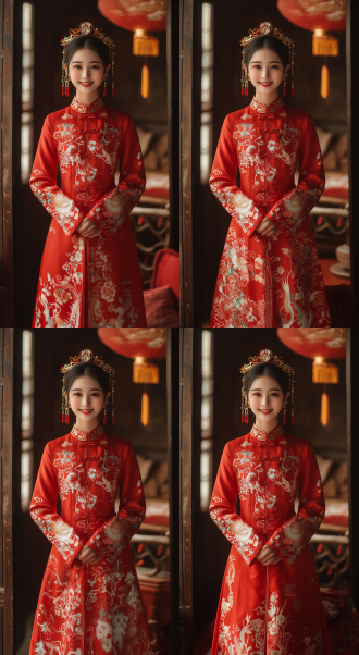 中国女孩穿红色传统服装全身照，三分法构图，室内，长焦镜头，柔和顶光，微笑站立，白皙皮肤，高画质8k，暖色调，优雅。