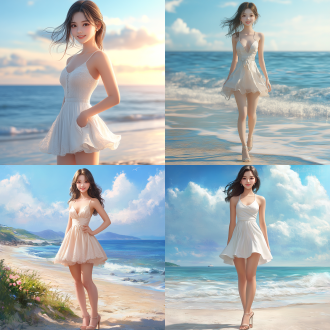 中国南方女孩，身材匀称高挑，皮肤白皙，笑容甜美，身着浅色短连衣裙，中长发，浅色高跟鞋，全身构图，写实风格，细节丰富，海边背景，超高画质，8k分辨率