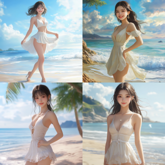 中国南方女孩，身材匀称高挑，皮肤白皙，笑容甜美，身着浅色短连衣裙，中长发，浅色高跟鞋，全身构图，细节丰富，海边背景，超高画质，8k分辨率