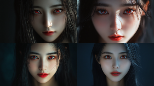 中国女孩特写，上半身构图，长发红美瞳，含蓄笑专注，摄影棚深色主题，写实风，8k画质，正面光。