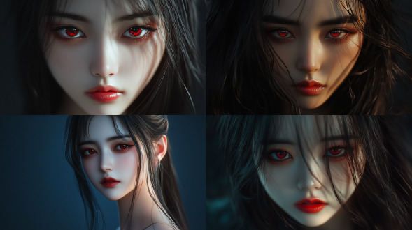 中国女孩特写上半身，长发，红色美瞳，含蓄笑容，浓妆，摄影棚深色主题，写实风，8k，正面光，专注，面部细节丰富。