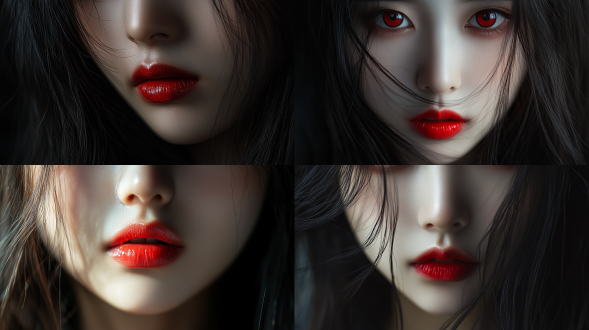 中国女孩嘴唇特写上半身构图，长发红美瞳浓妆，含蓄笑专注神情，摄影棚深色主题，写实风，8k画质，正面光。