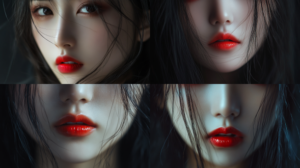 中国女孩嘴唇特写上半身构图，长发红美瞳浓妆，含蓄笑专注神情，摄影棚深色主题，写实风，8k画质，正面光。