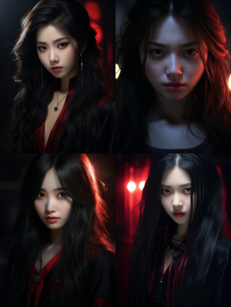 中国女孩面部特写，长发，红色美瞳，浓妆，含蓄笑专注神情，摄影棚深色主题，写实风，8k画质，正面光。