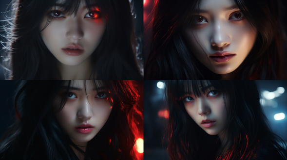 中国女孩面部特写，长发，红色眼睛，浓妆，神秘笑容、专注神情，摄影棚深色主题，写实风，8k画质，正面光。