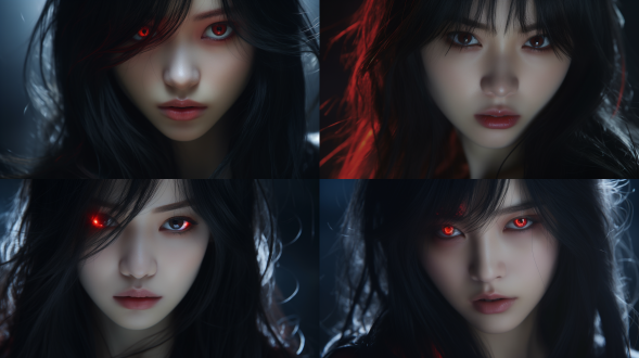 中国女孩面部特写，长发，红色眼睛，浓妆，神秘笑容、专注神情，摄影棚深色主题，写实风，8k画质，正面光。