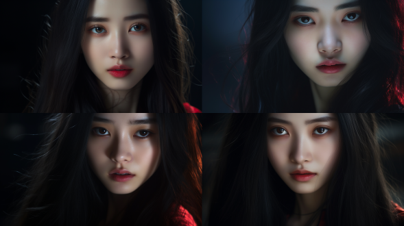中国女孩面部特写，长发，红色眼睛，浓妆，神秘笑容、专注神情，摄影棚深色主题，写实风，8k画质，正面光。