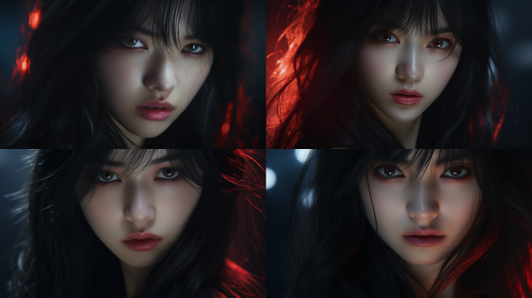 中国女孩面部特写，长发，红色眼睛，浓妆，神秘笑容、专注神情，摄影棚深色主题，写实风，8k画质，正面光。