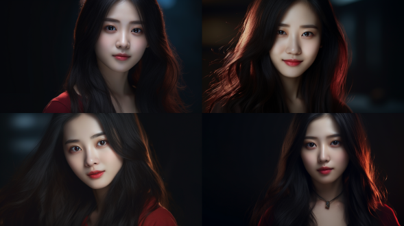 中国女孩特写，上半身构图，长发红美瞳，含蓄笑专注，摄影棚深色主题，写实风，8k画质，正面光。