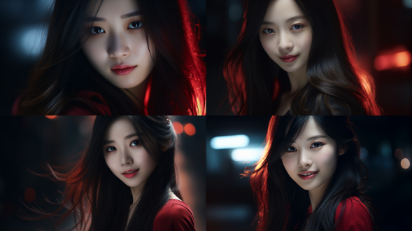 中国女孩特写，，突出面部，上半身构图，长发红美瞳，含蓄笑专注，摄影棚深色主题，写实风，8k画质，正面光。