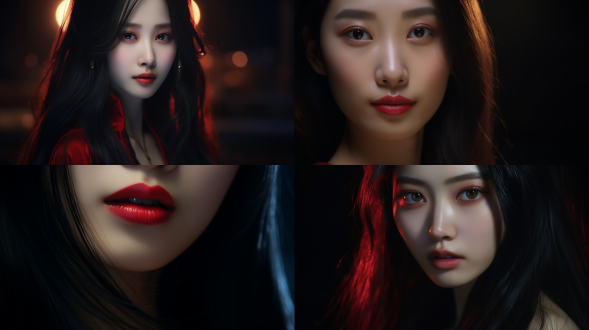 中国女孩嘴唇特写上半身构图，长发红美瞳浓妆，含蓄笑专注神情，摄影棚深色主题，写实风，8k画质，正面光。