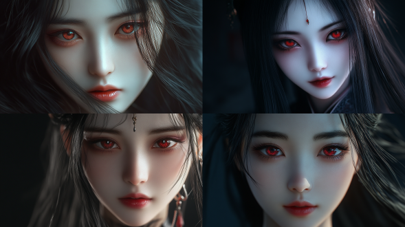 中国女孩上半身特写，长发红眸浓妆，含蓄笑专注，摄影棚深色主题，写实风，正面光，8k画质，细节丰富。