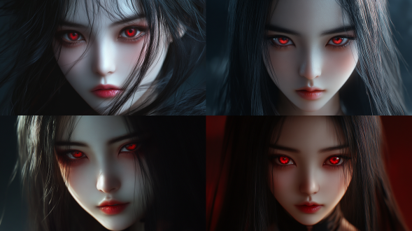 中国女孩上半身特写，长发红眸浓妆，含蓄笑专注，摄影棚深色主题，写实风，正面光，8k画质，细节丰富。