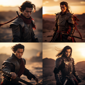 中国风持剑侠客，三分构图，塞外黄沙，残阳暖光，长焦镜头，逆光，疾行，凌厉，玄色劲装，暗红束发带，剑。