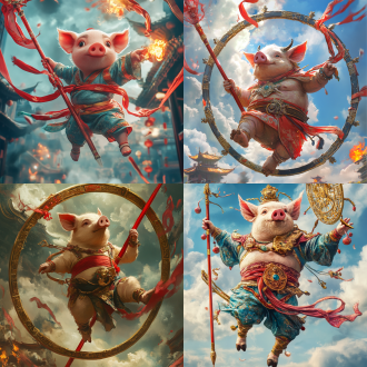 哪吒水豚，脚踩风火轮，手拿红缨枪，在空中飞舞，混天绫在腰上，高清4k，电影效果，9:16，细节修复