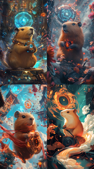 一只憨态可掬的水豚化身为哪吒，脚踏风火轮，手持混天绫，身披乾坤圈，背景融合未来科技与中国神话元素，画面充满奇幻与萌趣，ai绘图展现超现实风格。