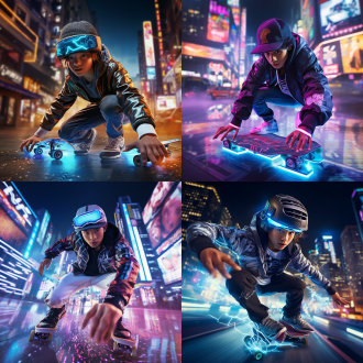 角色 ：一个未来感十足的滑板男孩，穿着紧身的科技感服装，头戴带有未来科技元素的帽子。 场景 ：在一个霓虹灯闪烁的未来城市街道上，背景有高科技建筑、飞行器和全息广告。 动作 ：正在滑板上做出炫酷的特技动作，滑板带有led灯和全息投影效果。 服装 ：紧身的科技感服装，带有发光线条和金属质感，帽子上有未来科技标志。 滑板设计 ：未来感滑板，带有led灯和智能设备，滑板底部有发光的全息投影。 氛围 ：强烈的赛博风格，霓虹灯、烟雾和光效营造出炫酷的未来感。 提示词示例 ： "一个未来感十足的滑板男孩，穿着紧身的科技感服装，头戴带有未来科技元素的帽子，正在霓虹灯闪烁的未来城市街道上滑板，滑板带有led灯和全息投影效果，背景有高科技建筑、飞行器和全息广告，整体氛围充满赛博风格和炫酷感。" 输出格式 ： 高分辨率、高质量的图片，色彩鲜明，细节丰富，充满未来科技感和赛博风格。角色 ：一个未来感十足的滑板男孩，穿着紧身的科技感服装，头戴带有未来科技元素的帽子。 场景 ：在一个霓虹灯闪烁的未来城市街道上，背景有高科技建筑、飞行器和全息广告。 动作 ：正在滑板上做出炫酷的特技动作，滑板带有led灯和全息投影效果。 服装 ：紧身的科技感服装，带有发光线条和金属质感，帽子上有未来科技标志。 滑板设计 ：未来感滑板，带有led灯和智能设备，滑板底部有发光的全息投影。 氛围 ：强烈的赛博风格，霓虹灯、烟雾和光效营造出炫酷的未来感。 提示词示例 ： "一个未来感十足的滑板男孩，穿着紧身的科技感服装，头戴带有未来科技元素的帽子，正在霓虹灯闪烁的未来城市街道上滑板，滑板带有led灯和全息投影效果，背景有高科技建筑、飞行器和全息广告，整体氛围充满赛博风格和炫酷感。" 输出格式 ： 高分辨率、高质量的图片，色彩鲜明，细节丰富，充满未来科技感和赛博风格。