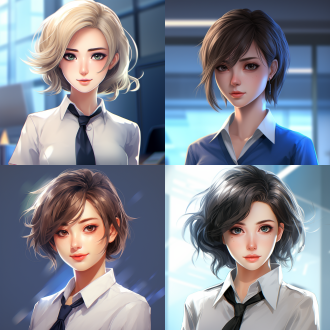 ai形象，职场精英，女性，品牌，精致，超轻清晰度画质，短发，工作制服、卡通形象、俏皮、动漫
