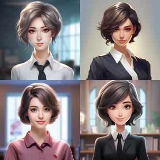 ai形象，职场精英，女性，品牌，精致，超轻清晰度画质，短发，工作制服、卡通形象、萌萌哒